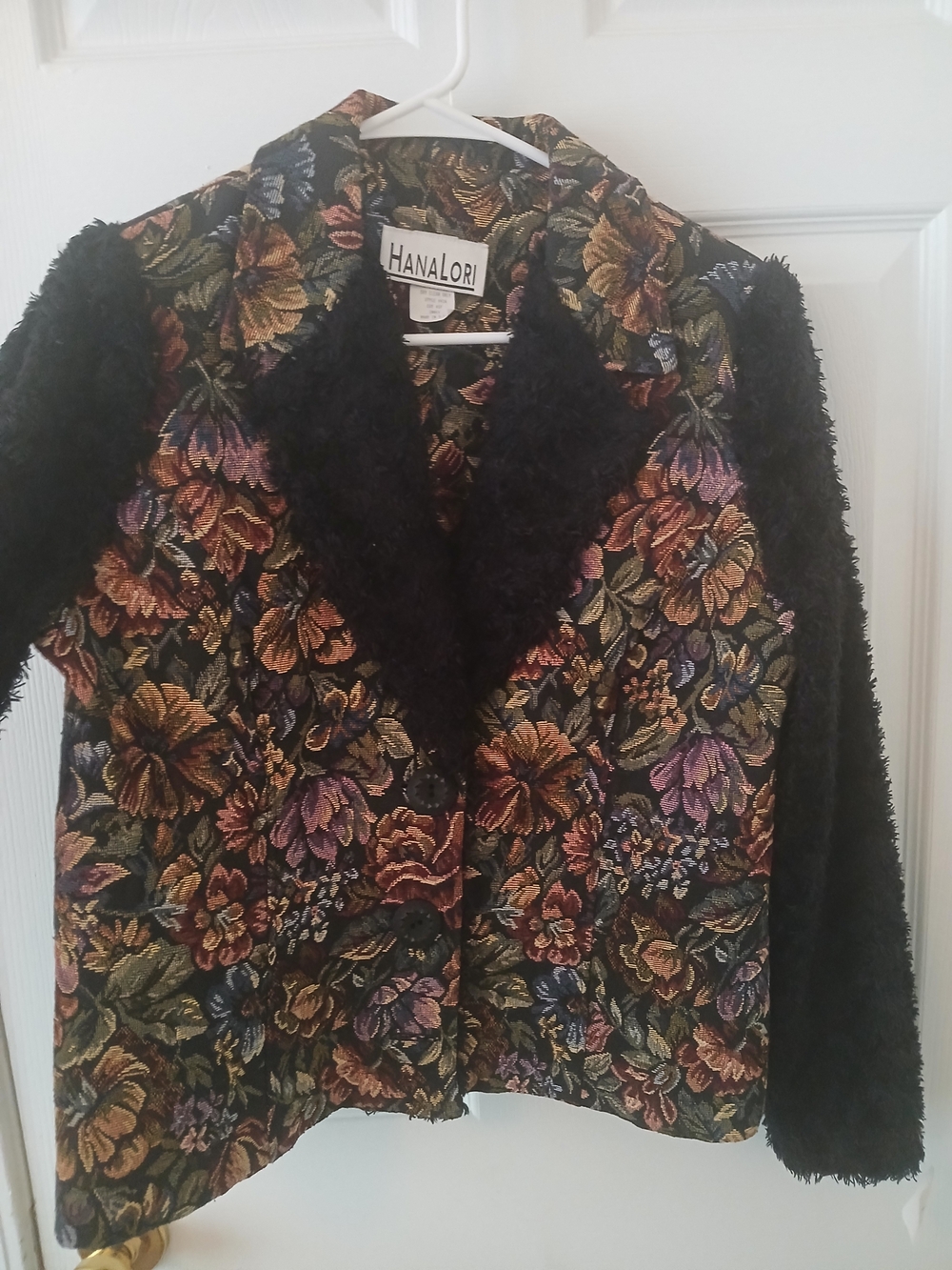 Multicolor Floral Tapestry Blazer with Black Faux Fur Trim